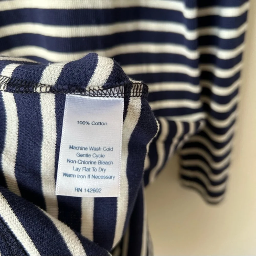 Sail to Sable 100% Cotton Stripe Long Sleeve Button Neck Dress Navy Ivory Gold M